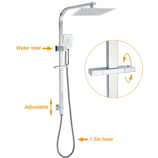 WELS Chrome 8" Twin Square Shower Set Rain Head 3 Modes Handheld Sliding Rail + Taps - Image 2