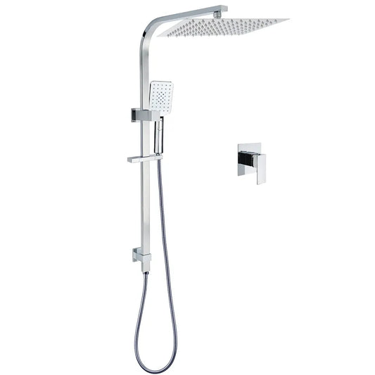 Chrome Dual Square Shower Set 12" Rain Shower Head 3 Function Handheld Rail Arm Mixer