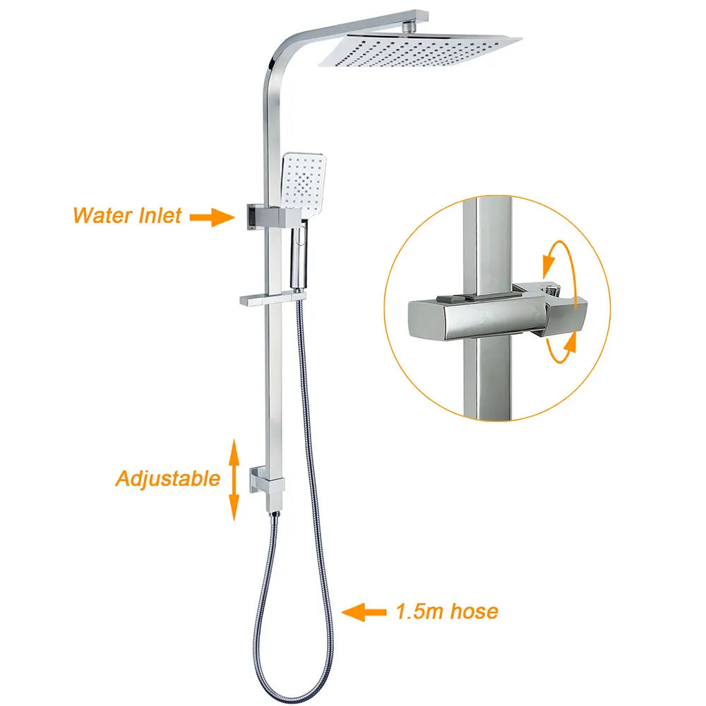 WELS 2 in 1 Square Shower Head Set 10" Rain Handheld Sliding Rail Arm Wall Double Taps - Image 2