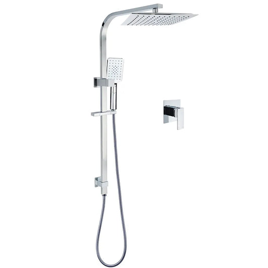 WELS 2 in 1 Square Shower Head Set 10" Rain Handheld Sliding Rail Arm Wall Mixer