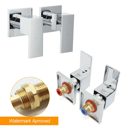 Watermark Chrome Square 1/4 Turn Wall Twin Taps Brass For Shower Head Vanity Basin Spout - Image 3