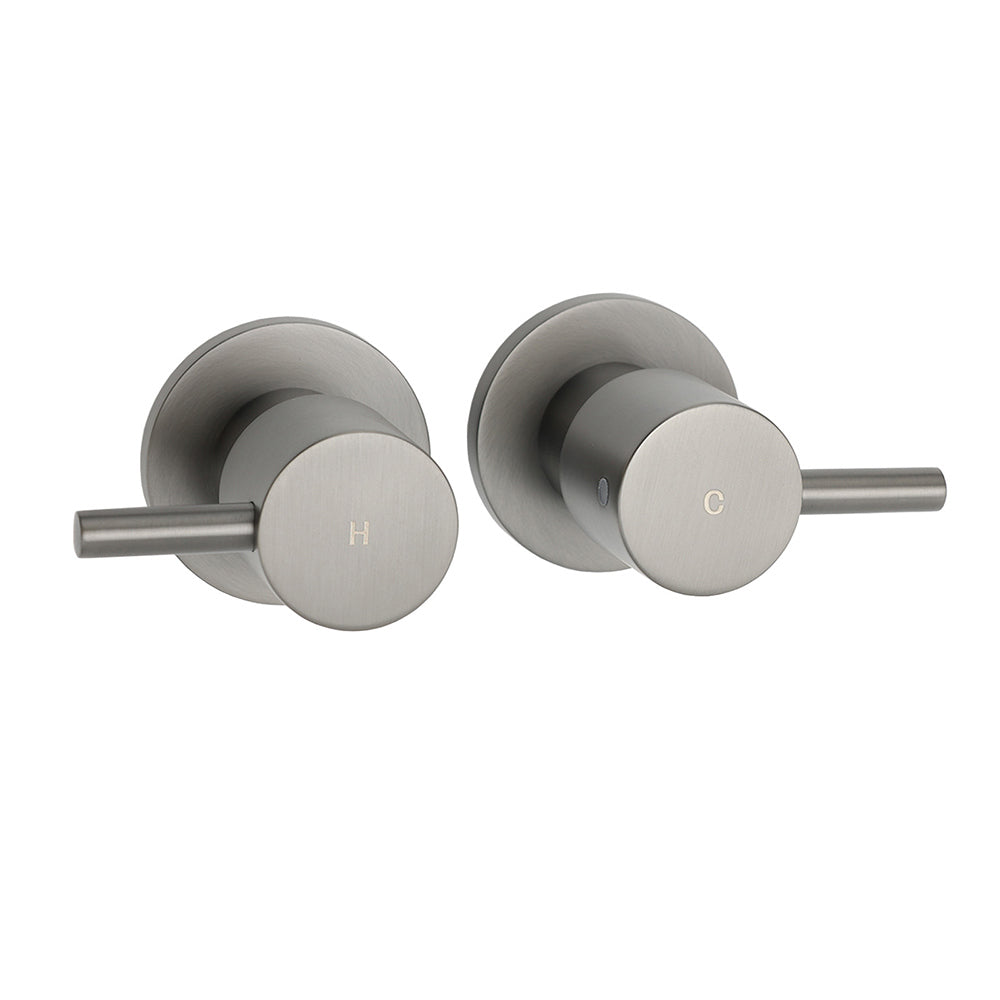 Gun Metal Grey Brass 1/4 Turn Round Hot Cold Tap Wall Set For Shower Vanity Spout