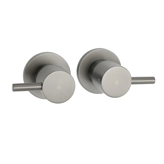 Gun Metal Grey Brass 1/4 Turn Round Hot Cold Tap Wall Set For Shower Vanity Spout