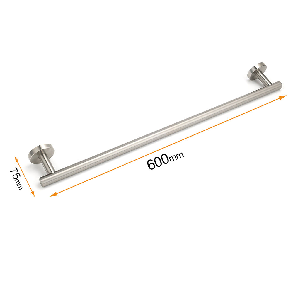 Brushed Nickel 600mm Single Towel Rack Rail Holder Round Hanger Bar Wall Mounted - Image 5