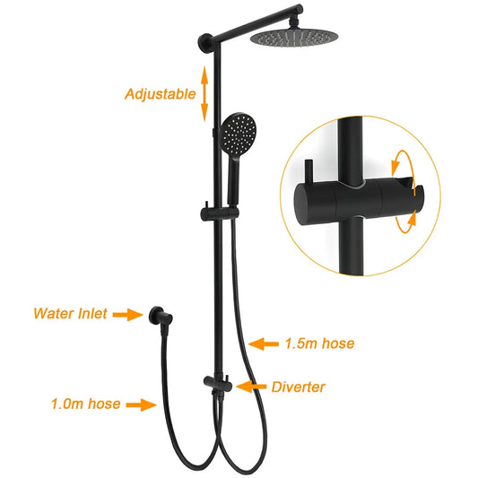 WELS Matt Black 2in1 Shower 8" Round Head Set Sliding Rail 3 Mode Handheld + Twin Taps - Image 2