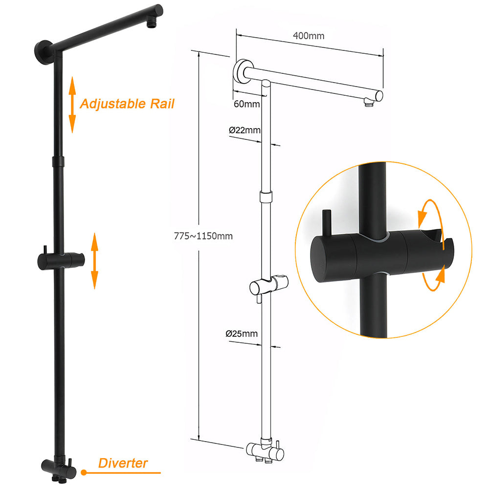 Matt Black Dual Round Shower Set 10" Rain Head 3 Mode Handheld Sliding Rail Arm Diverter - Image 2