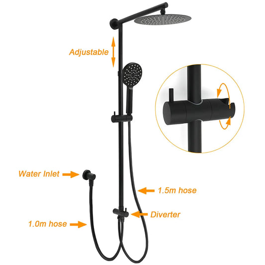 Matt Black Dual Round Shower Set 10" Rain Head 3 Mode Handheld Sliding Rail Arm Diverter - Image 2