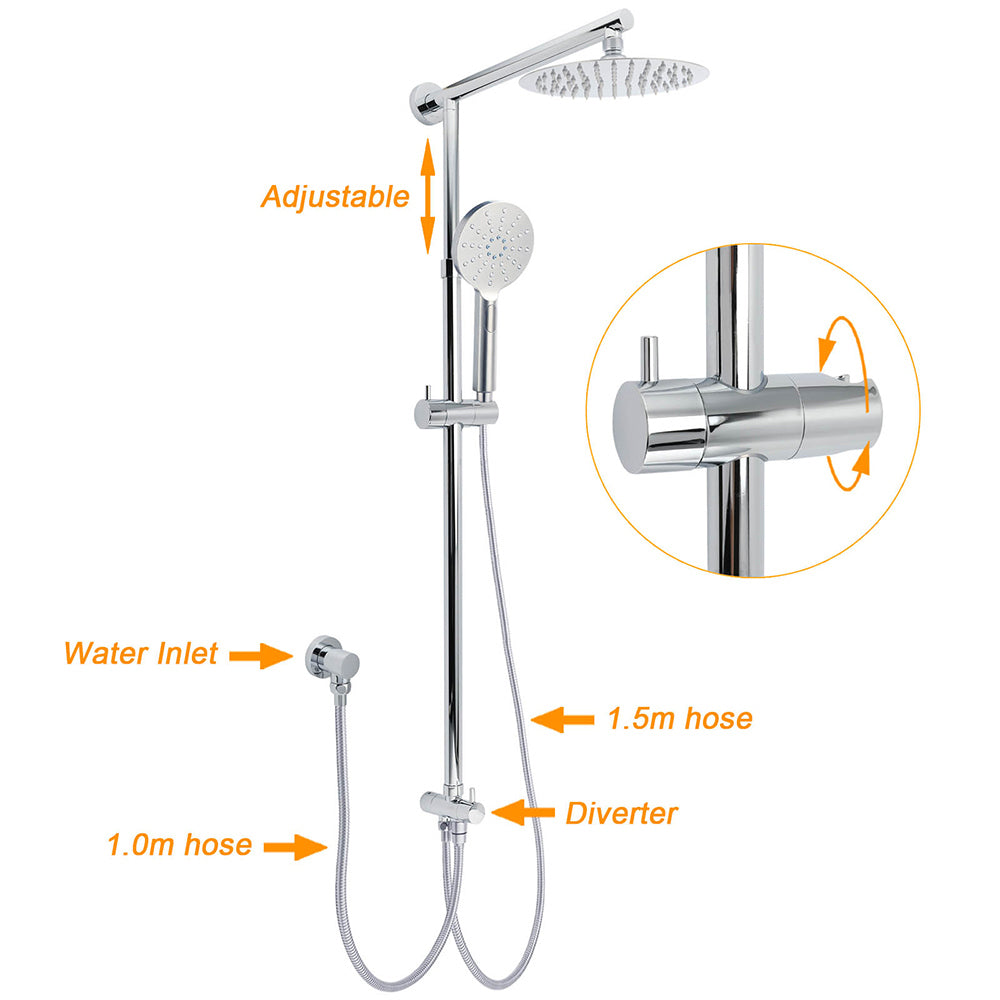 WELS Chrome Round 2in1 8" Stainless Steel Rain Head Handheld Sliding Rail Arm Shower Mixer Set - Image 2