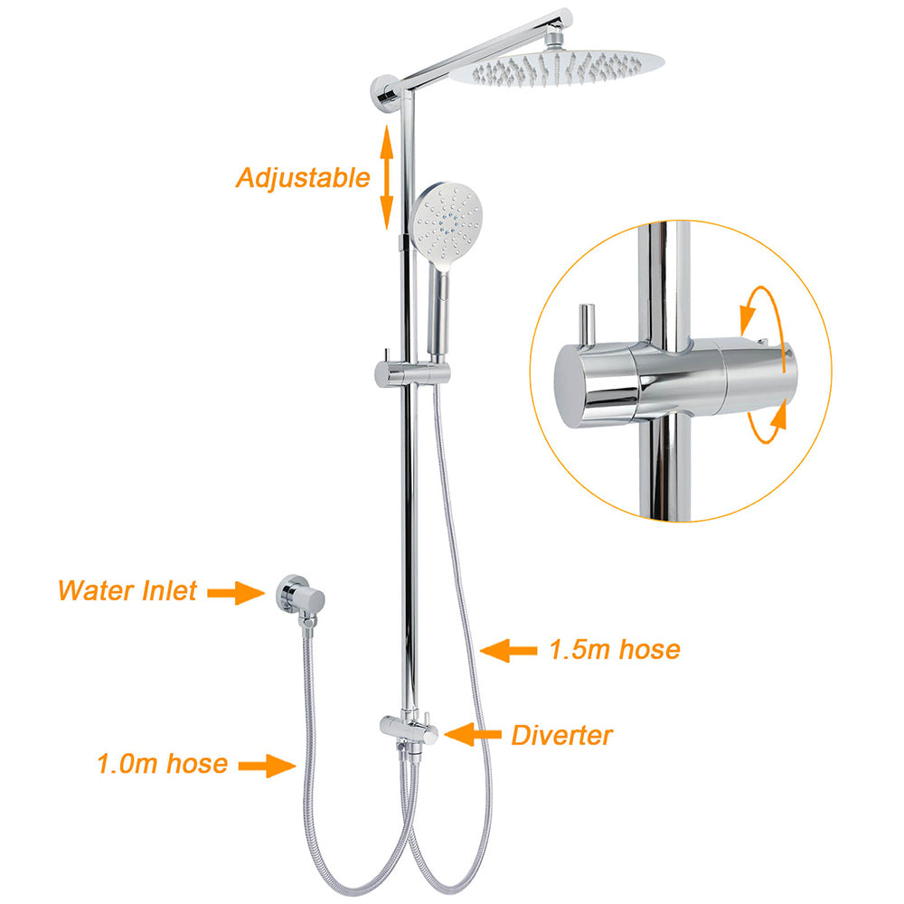 WELS Chrome 10" Round Rain Handheld Twin Shower Head Arm Sliding Rail Arm Diverter Set - Image 8