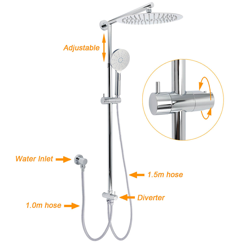 WELS Chrome Round Large 12" Rain Shower Head 3 Modes Handheld Wall Arm Rail 2in1 Set - Image 2