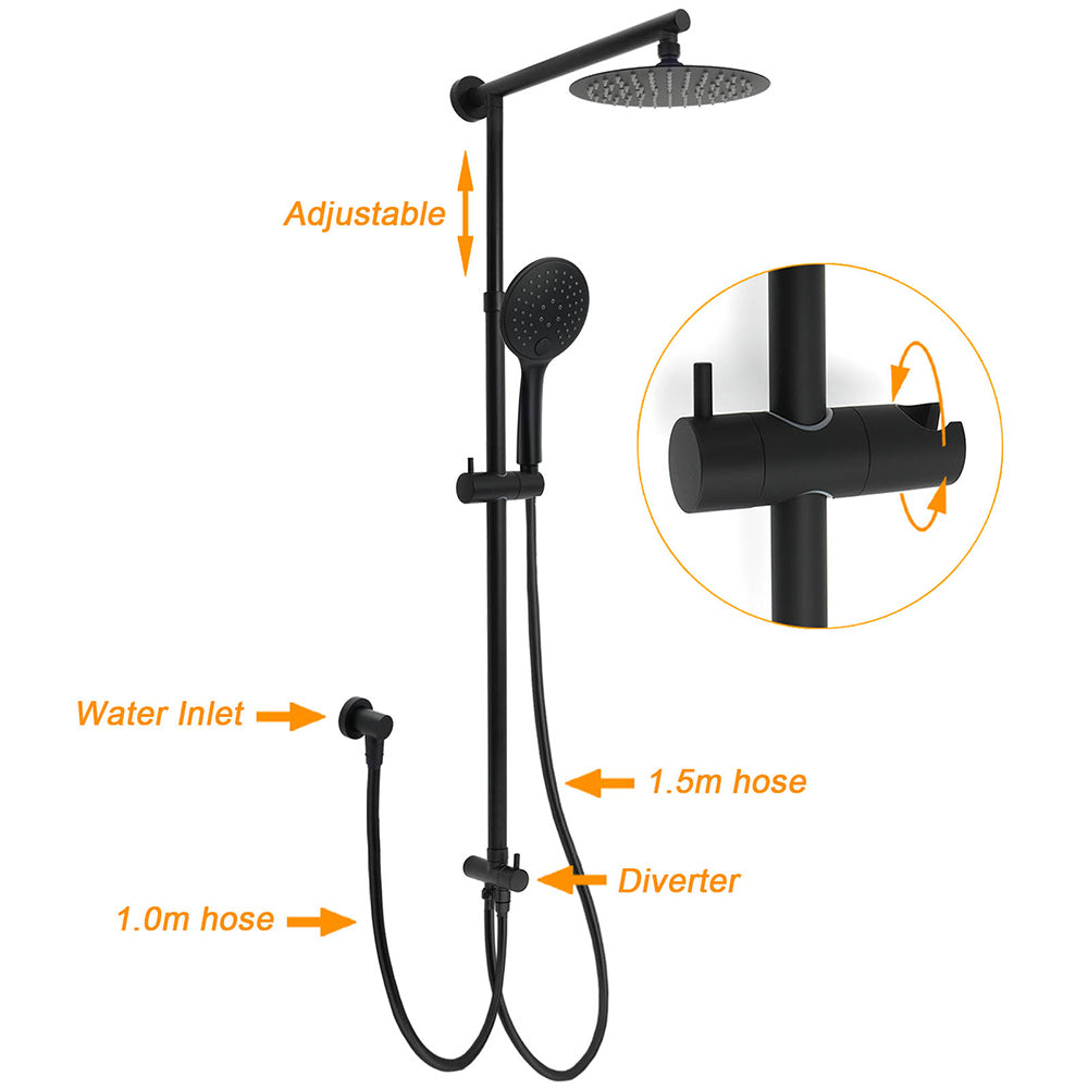 WELS Matt Black Twin Shower 8" Round Head Set Sliding Rail 3 Mode Handheld Rose - Image 7
