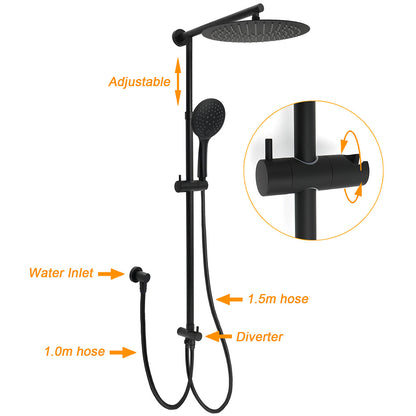 Matte Black Large 12" Twin Round Shower Head Set Handheld Diverter Rail Wall Arm - Image 2