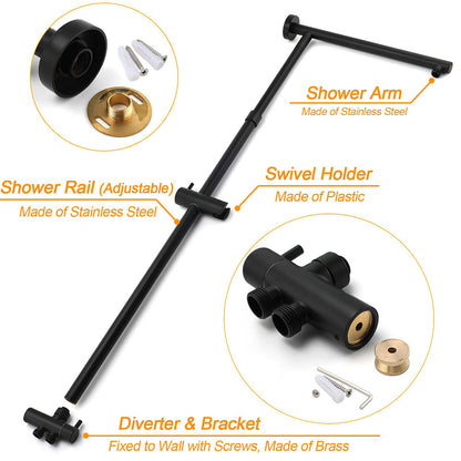 Matte Black Large 12" Twin Round Shower Head Set Handheld Diverter Rail Wall Arm - Image 4