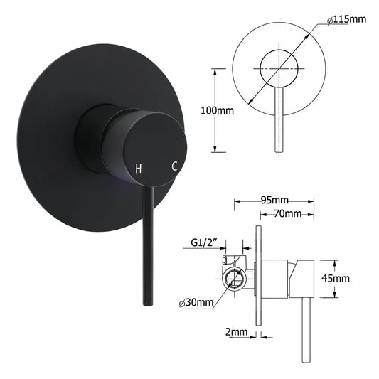 WELS Matte Black 12" Twin Round Shower Head Set Handheld Diverter Rail Wall Arm Mixer - Image 9