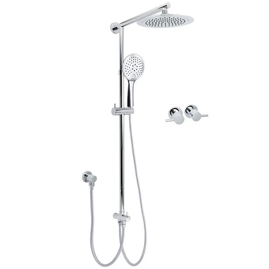 WELS Chrome Round 9" Rainfall Dual Shower Head & Handheld Sliding Rail Wall Arm Twin Taps