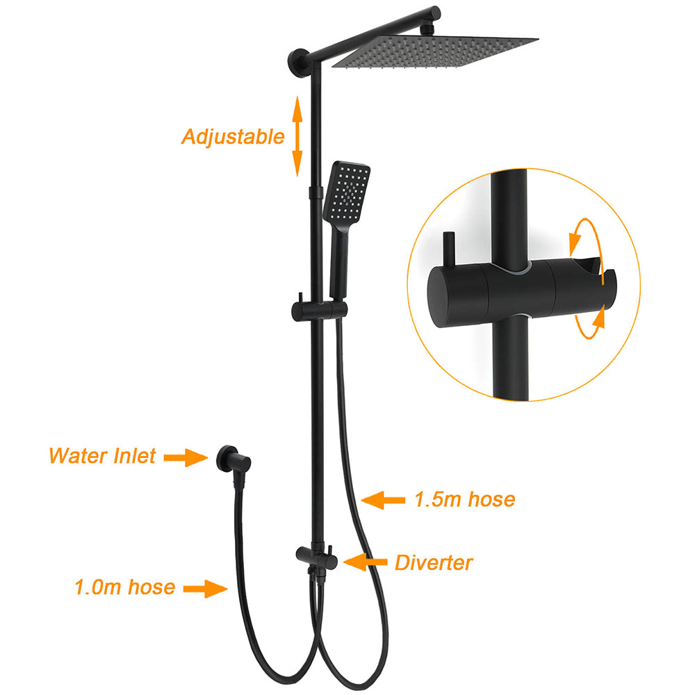 Matt Black 2in1 Set Square 10" Shower Rain Head Handheld Adjustable Silding Rail + Mixer - Image 2