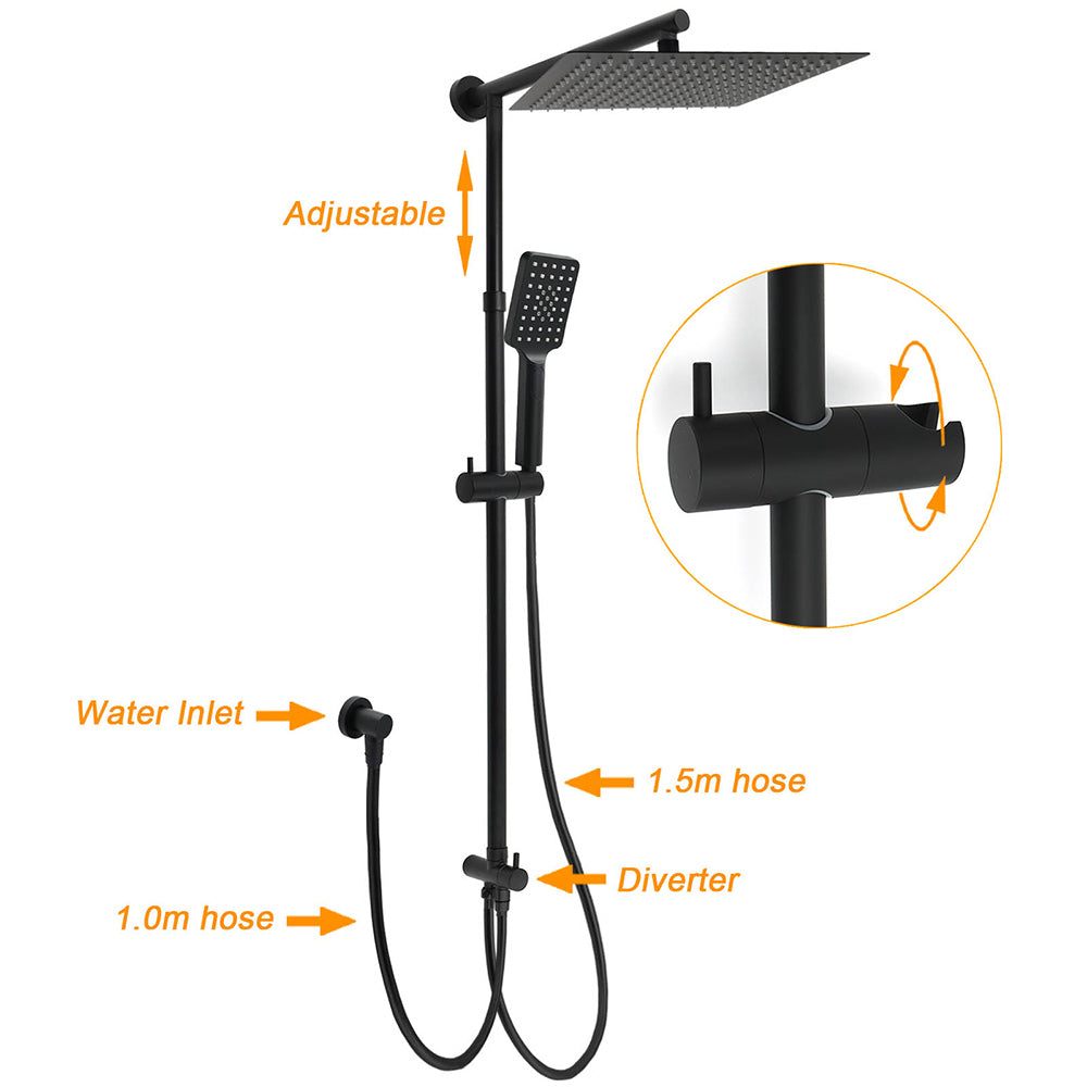 WELS Matt Black Dual Shower Large 12" Square Head Handheld Adjustable Silding Rail Set - Image 2