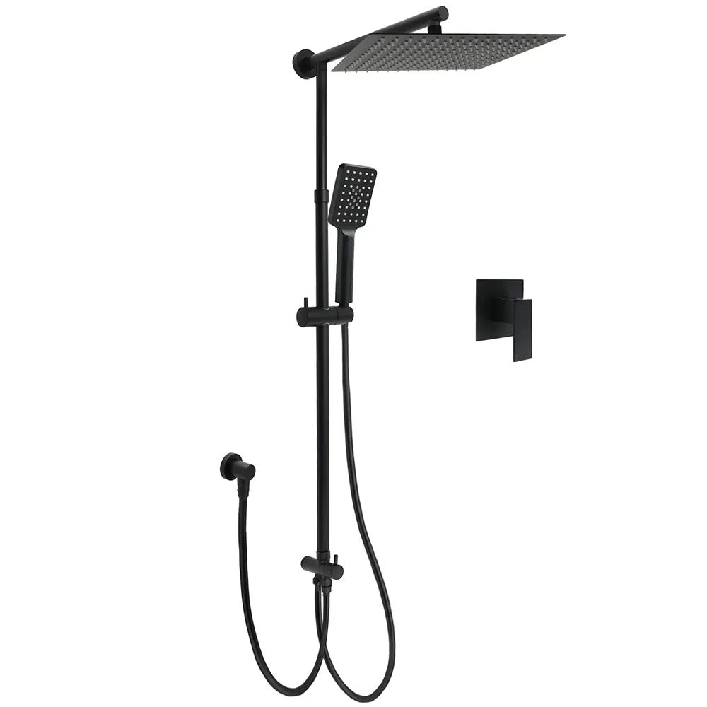 Matt Black Dual Shower Large 12" Square Head Handheld Adjustable Silde Rail Set Mixer