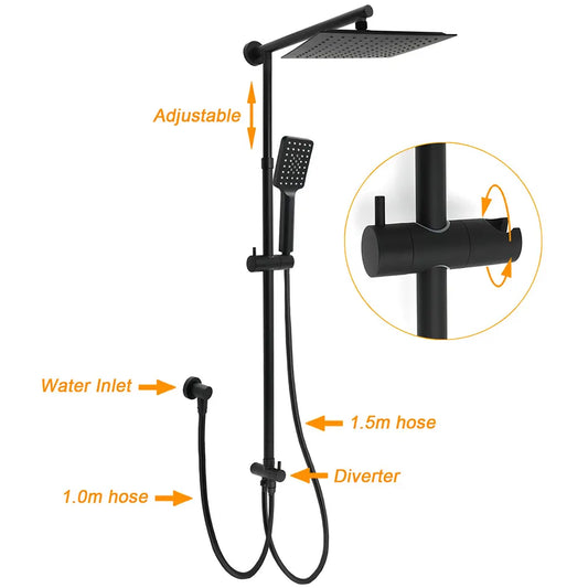 WELS Matt Black 2in1 Square 10" Rain Shower Head 3 Mode Handheld Adjustable Rail Twin Taps Set - Image 2
