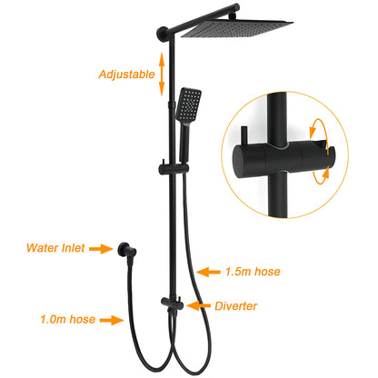 WELS Matt Black 2in1 Square 10" Rain Shower Head 3 Mode Handheld Adjustable Rail Set + Mixer - Image 2