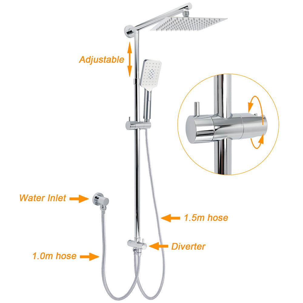 Chrome Square 8" Rain Shower Head 3 Mode Handheld Sliding Rail Arm 2 IN 1 Set Diverter - Image 2