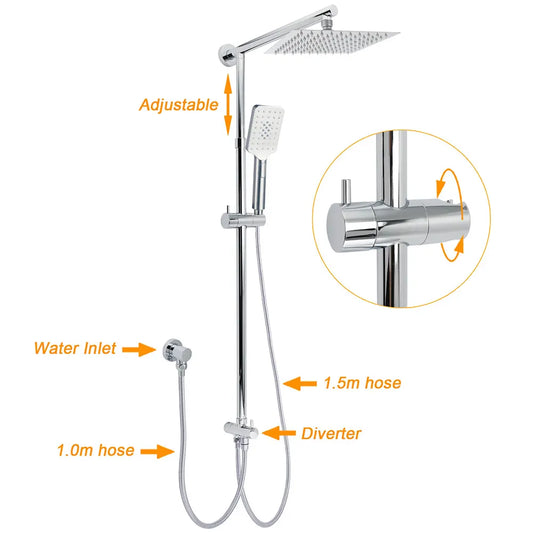 Square 8" Rain Shower Head 3 Mode Handheld Sliding Rail Arm Twin Set Diverter Mixer - Image 2