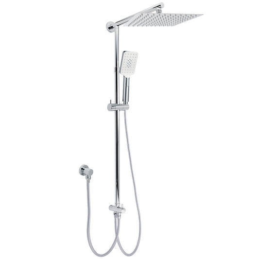 Chrome Square 10" Twin Shower Head Handheld Sliding Rail Set Wall Inlet Diverter
