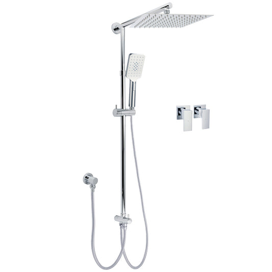 Chrome Square 10" Twin Shower Head Handheld Sliding Rail Set Wall Inlet Diverter Twin Taps