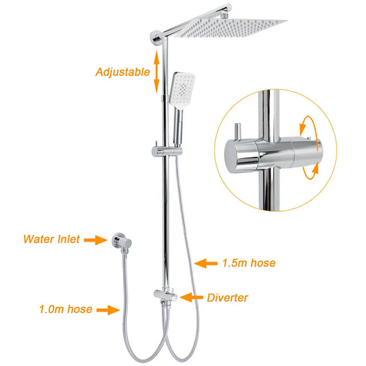 Chrome Square 10" Twin Shower Head Handheld Sliding Rail Set Wall Inlet Diverter Twin Taps - Image 2