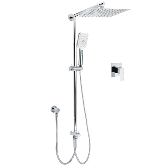 Chrome Square 10" Twin Shower Head Handheld Sliding Rail Set Wall Inlet Elbow With Mixer