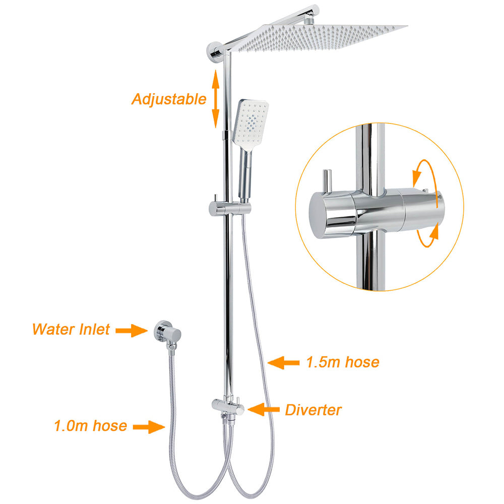 WELS Dual Square Shower Head 12" Rain Rose + 3 Modes Handheld Diverter Rail Arm Set - Image 2