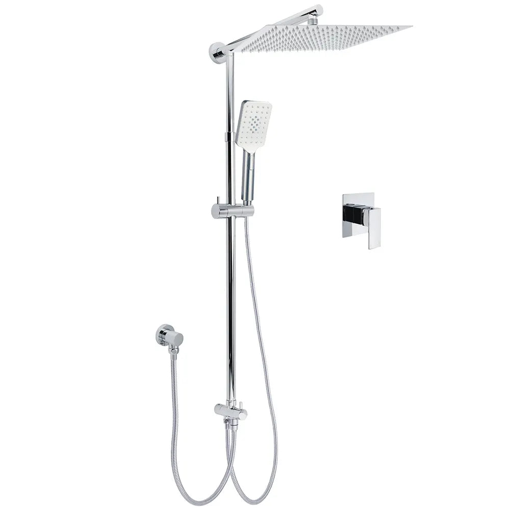 Double Square Shower Head 12" Rain Rose + 3 Modes Handheld Diverter Rail Arm Mixer Set