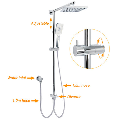 WELS Square Chrome Shower 8" Rainfall Head 3 Mode Handheld Sliding Rail Wall Arm Set - Image 2