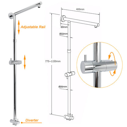WELS Square Chrome Shower 8" Rainfall Head 3 Mode Handheld Sliding Rail Wall Arm Set - Image 3
