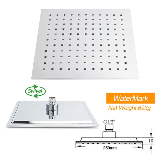 WELS Chrome Square 10" Rain Shower Head 3 Mode Handheld Sliding Rail Wall Arm With Mixer - Image 7