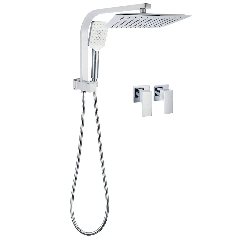 WELS Twin Square 10" Rain Shower Head 3 Mode Handheld Diverter Wall Arm Taps Valve
