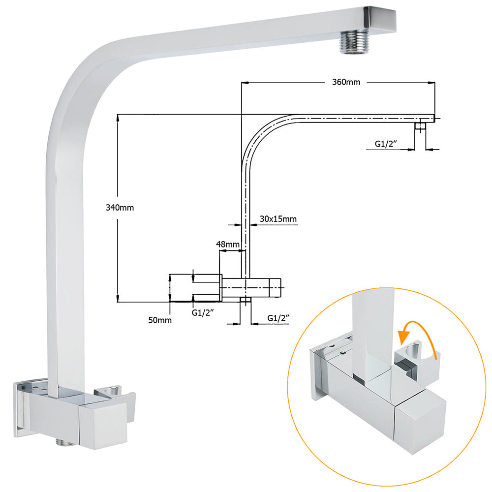 WELS Twin Square 10" Rain Shower Head 3 Mode Handheld Diverter Wall Arm Mixer Set - Image 8