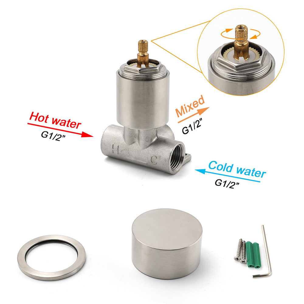 Brushed Nickel Bath Shower Mixer Round 1/4 Knob Hot Cold Tap Cartridge Spindle - Image 3