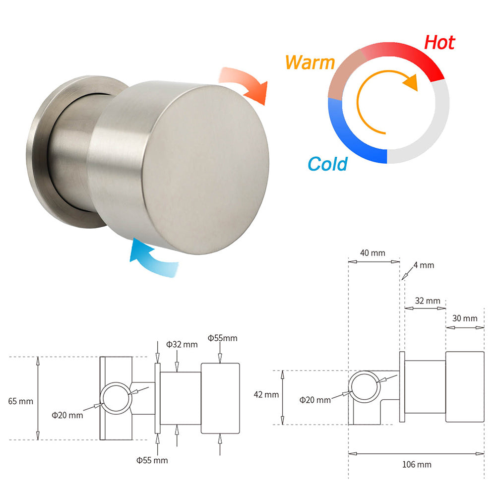 Brushed Nickel Bath Shower Mixer Round 1/4 Knob Hot Cold Tap Cartridge Spindle - Image 4