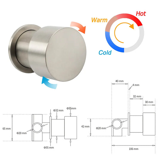 Brushed Nickel Bath Shower Mixer Round 1/4 Knob Hot Cold Tap Cartridge Spindle - Image 2