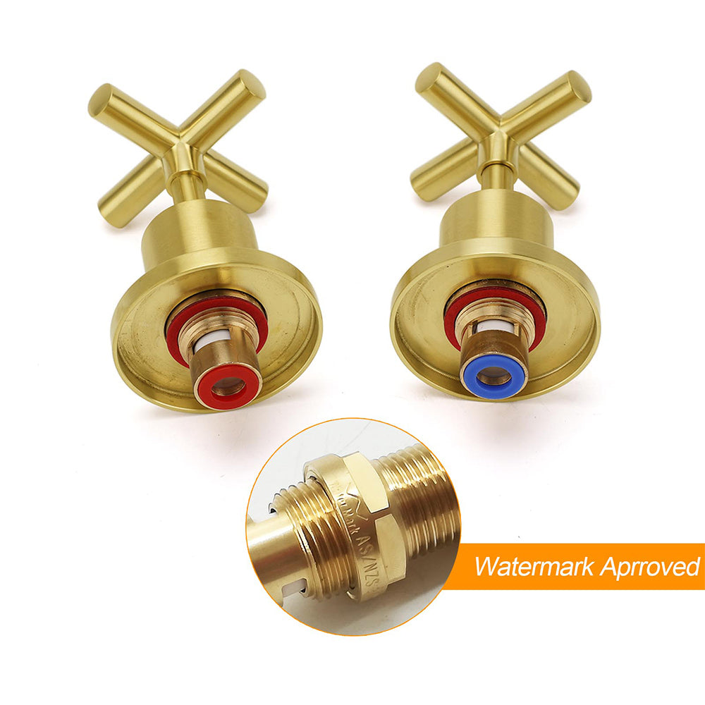 Brushed Gold Shower 1/4 Turn Twin Taps Basin Bath Spout Hot Cold Water Mixer Set - Image 3