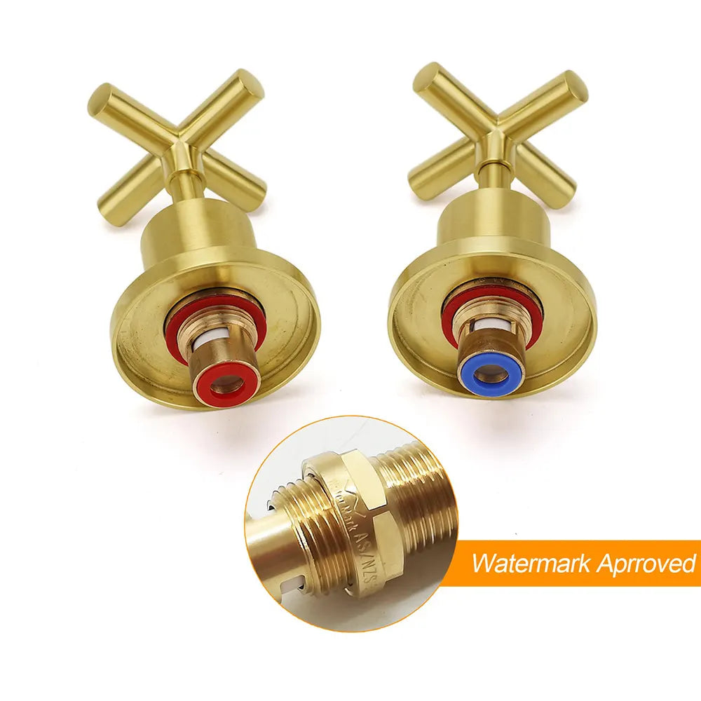 Brushed Gold Shower 1/4 Turn Twin Taps Basin Bath Spout Hot Cold Water Mixer Set - Image 3
