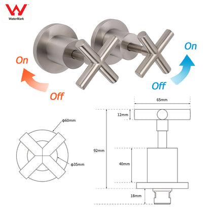 Brushed Nickel 1/4 Turn Twin Shower Taps Set Hot Cold Water Control Vanity Mixer - Image 2