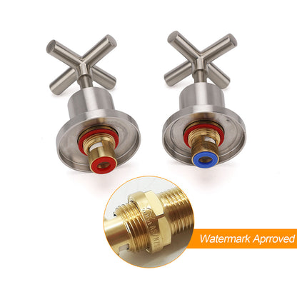 Brushed Nickel 1/4 Turn Twin Shower Taps Set Hot Cold Water Control Vanity Mixer - Image 3