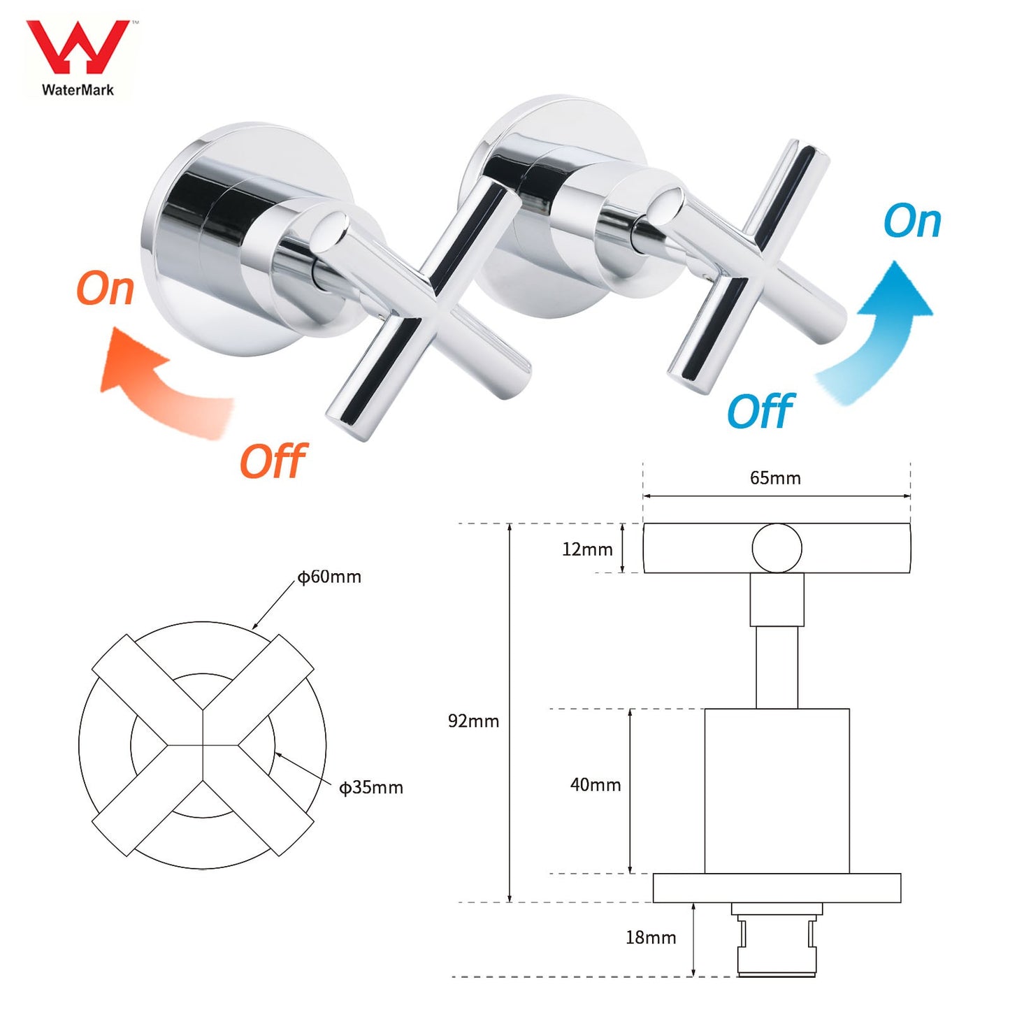 Mirror Chrome 1/4 Turn Twin Taps Hot Cold Water Control Mixer For Bath Spout Set - Image 2