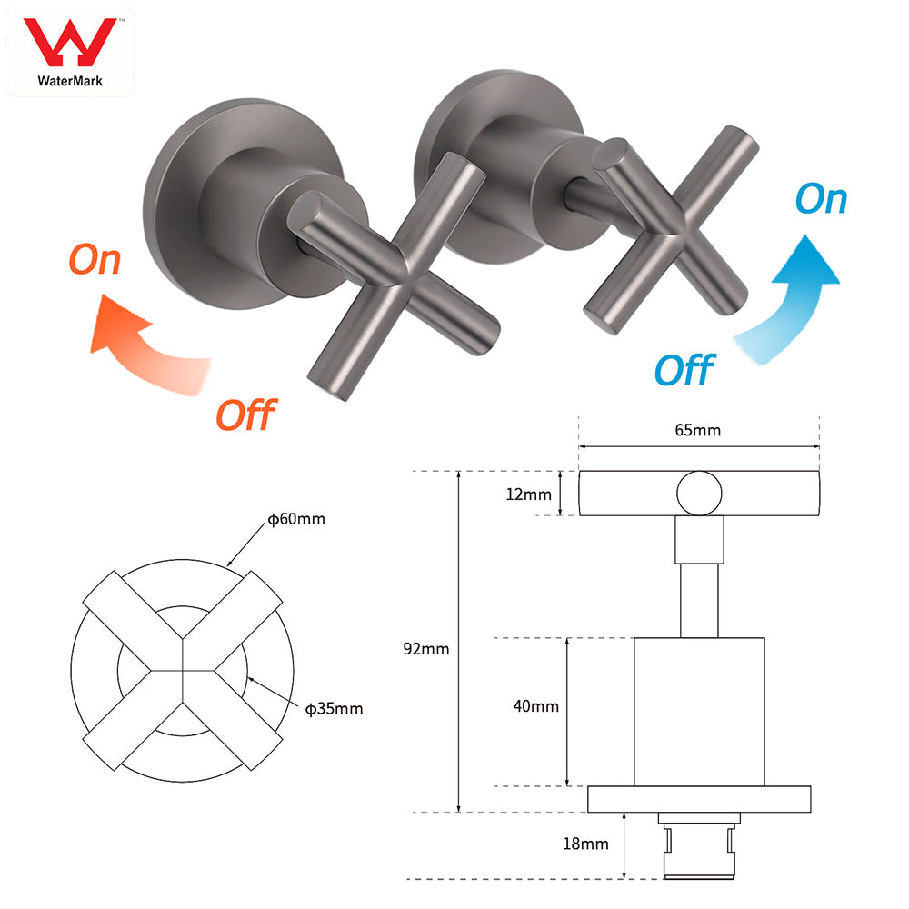 Gun Metal Shower 1/4 Turn Twin Taps Pair Bath Spout Hot Cold Water Mixer Valve - Image 2