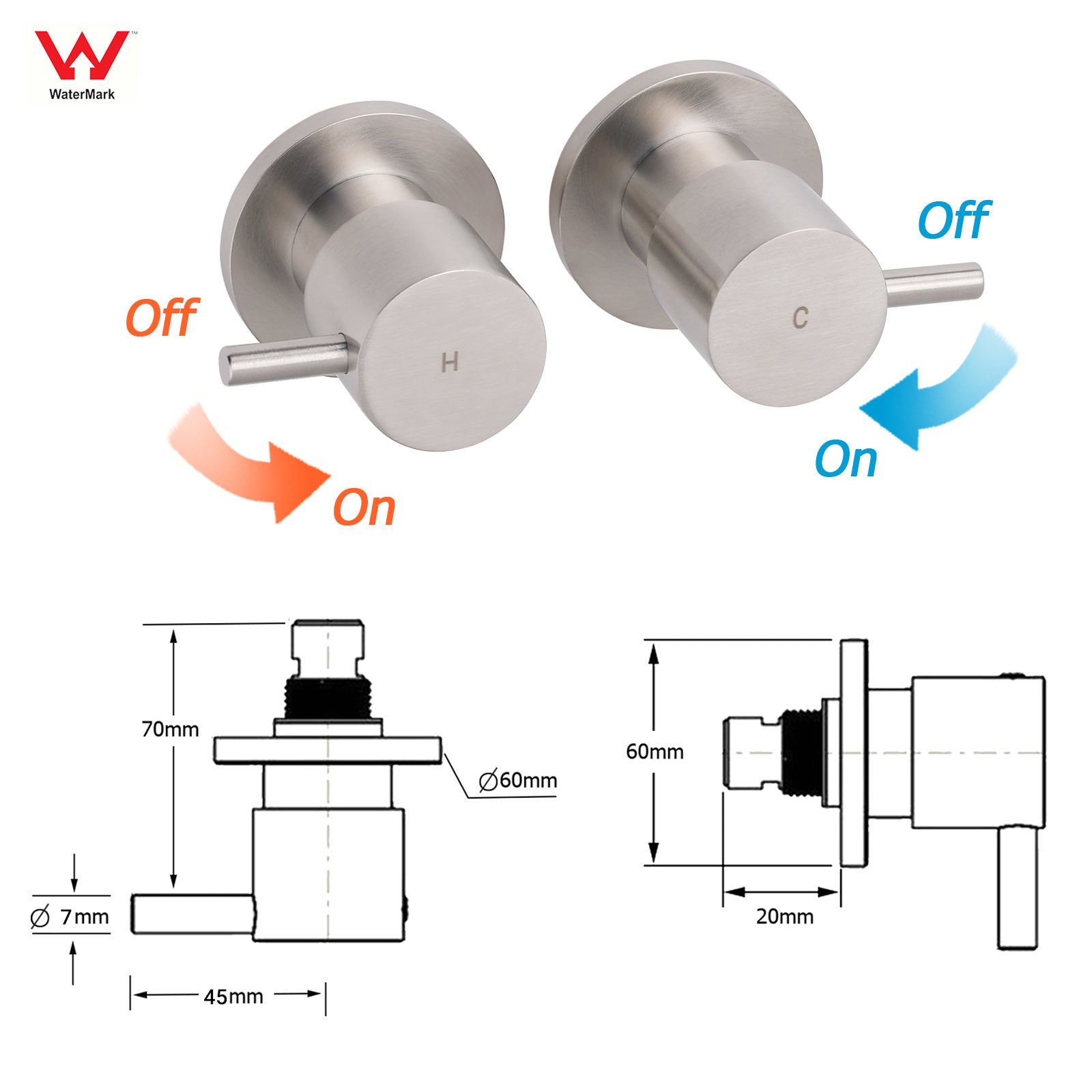 Brushed Nickel Wall Mounted 1/4 Turn Twin Shower Taps Set Hot Cold Water Valve - Image 2