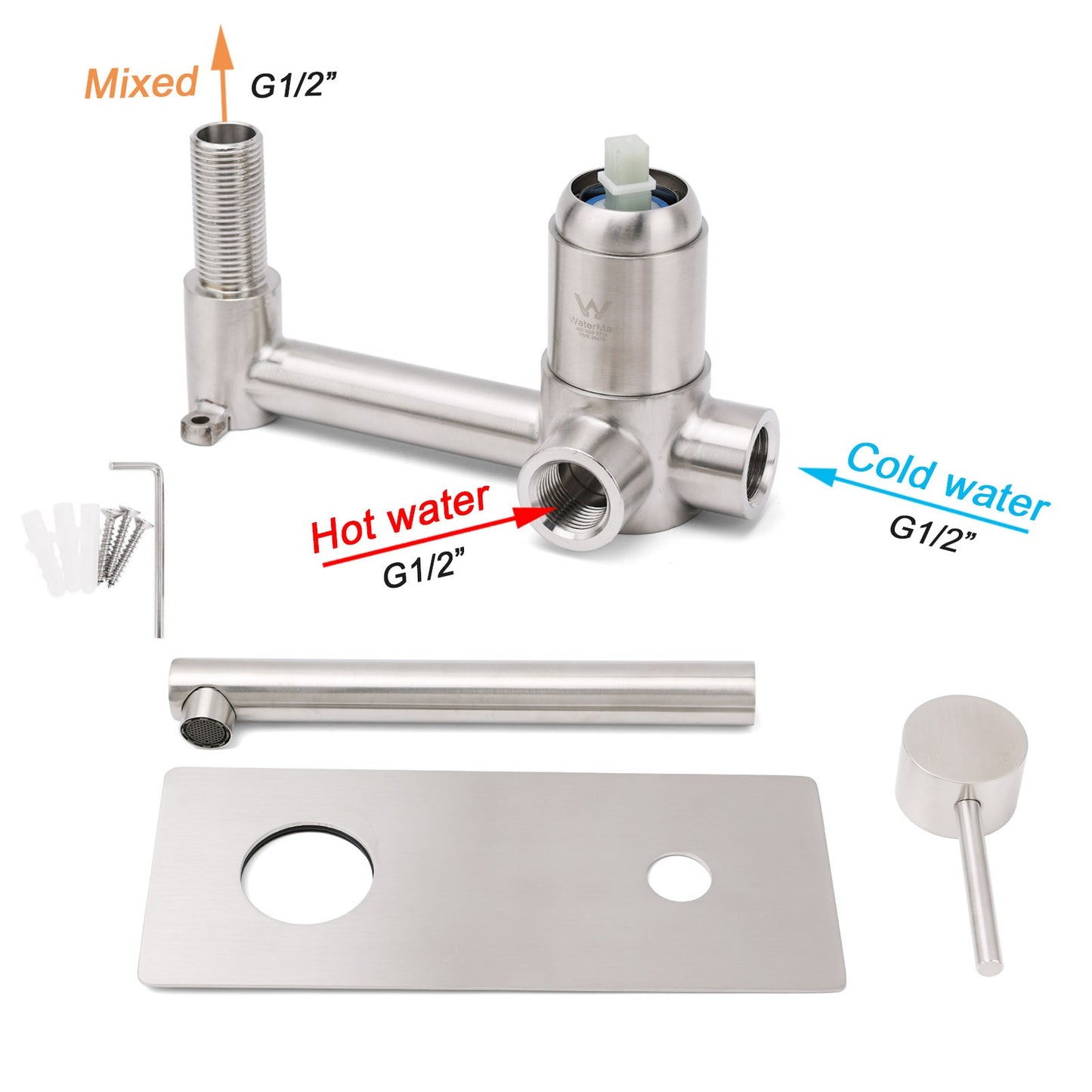 Brushed Nickel Round Wall Mounted Basin Vanity Mixer Bathtub Straight Spout Tap - Image 7