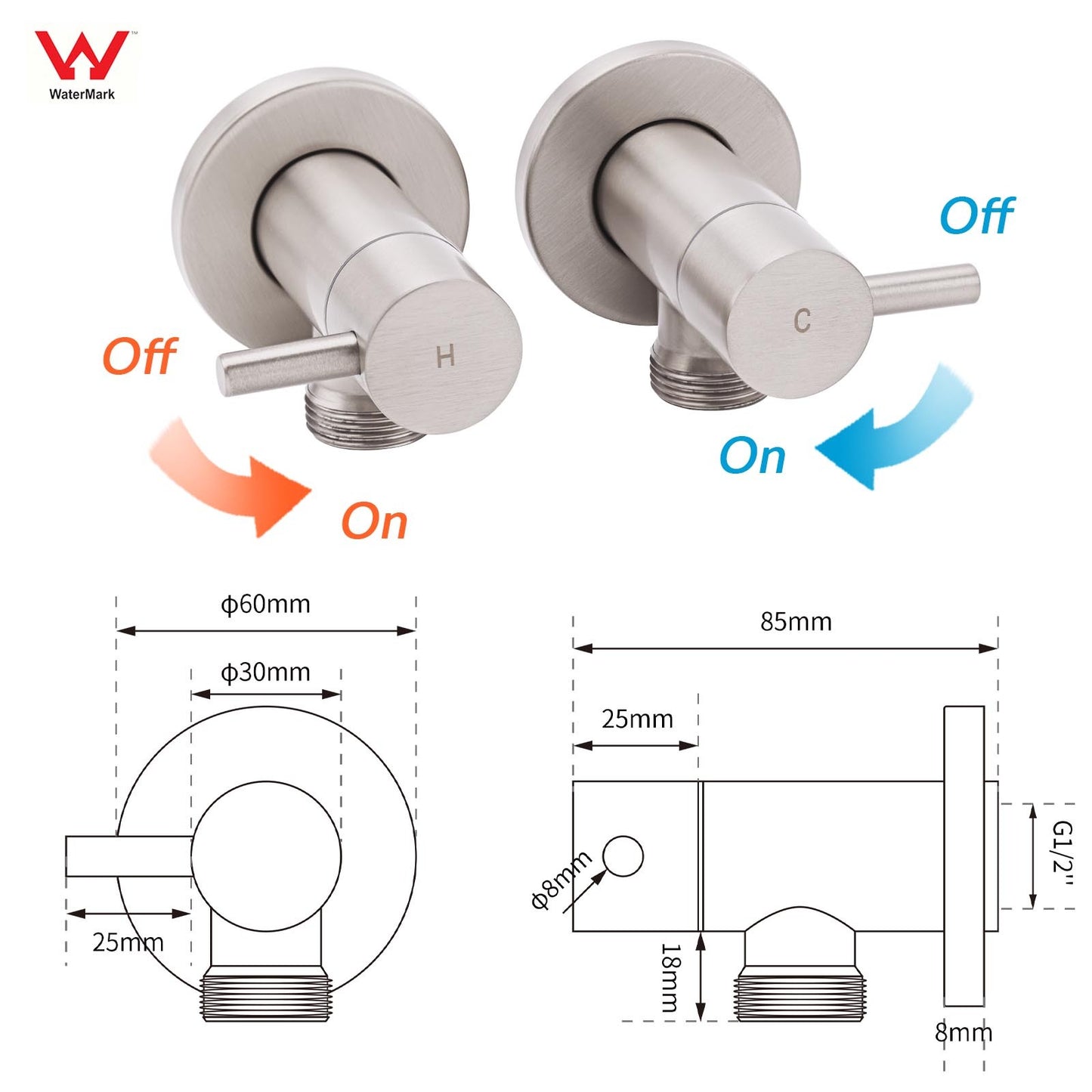 Brushed Nickel 1/4 Turn Twin Washing Machine Tap Set Wall Mounted Hot Cold Valve - Image 2