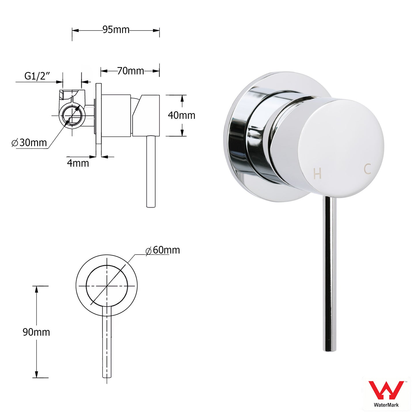 Bathroom Chrome Round Pin Lever Handle Hot Cold Water Tapware Shower Mixer Valve - Image 2